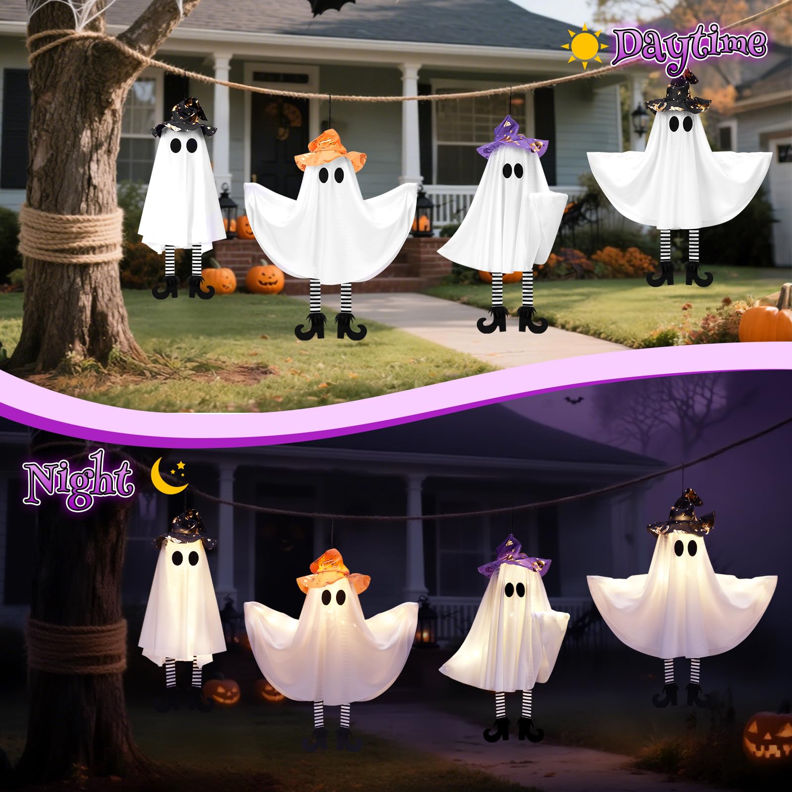 Halloween Hanging Ghost Decorations – 4 Pack Cute Witch Hat Ghost Lights with 3 Flash Modes & Bendable Arms for Indoor & Outdoor Décor