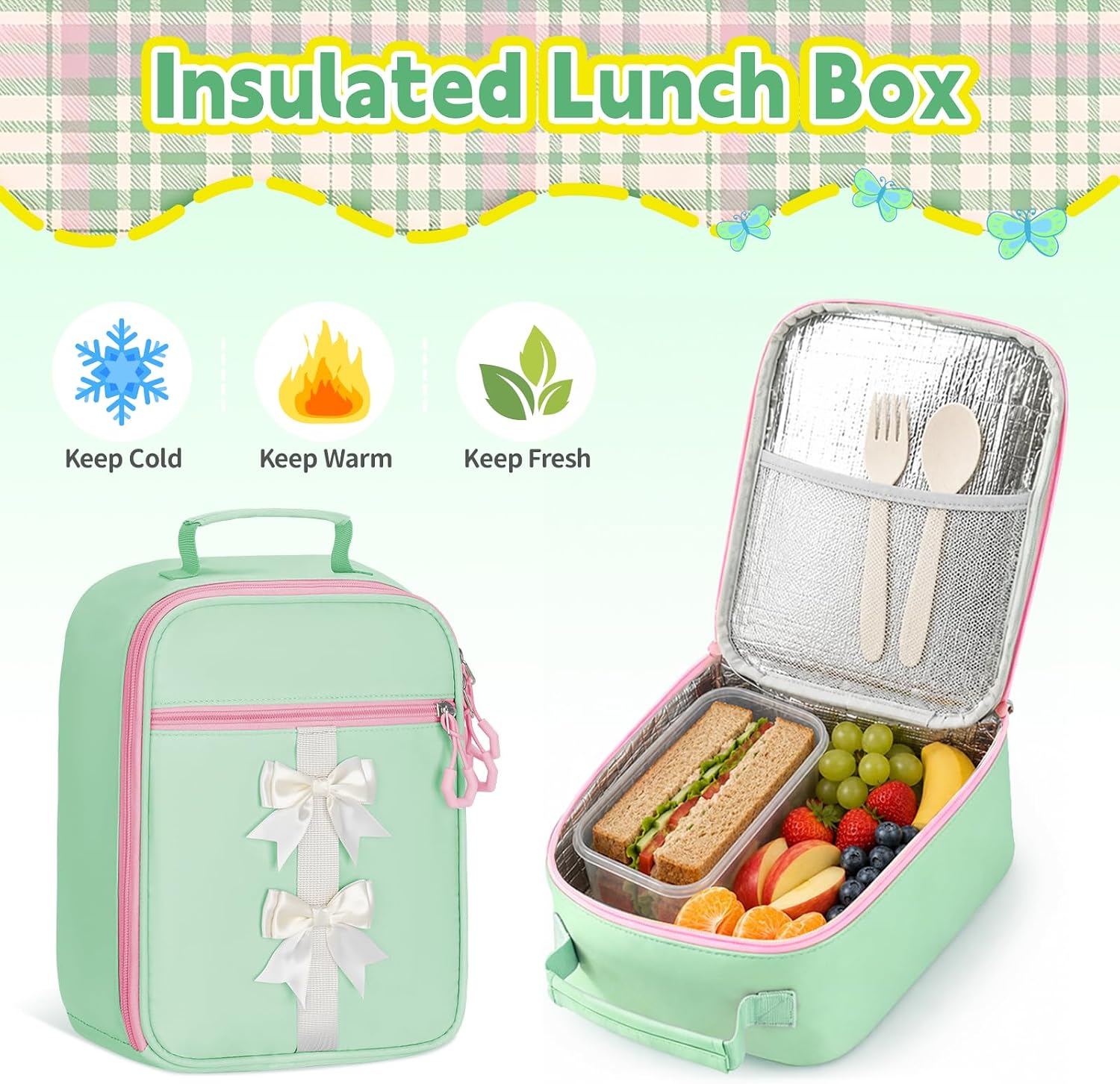Green Kawaii Backpack Set with Lunch Bag and Coin Purse