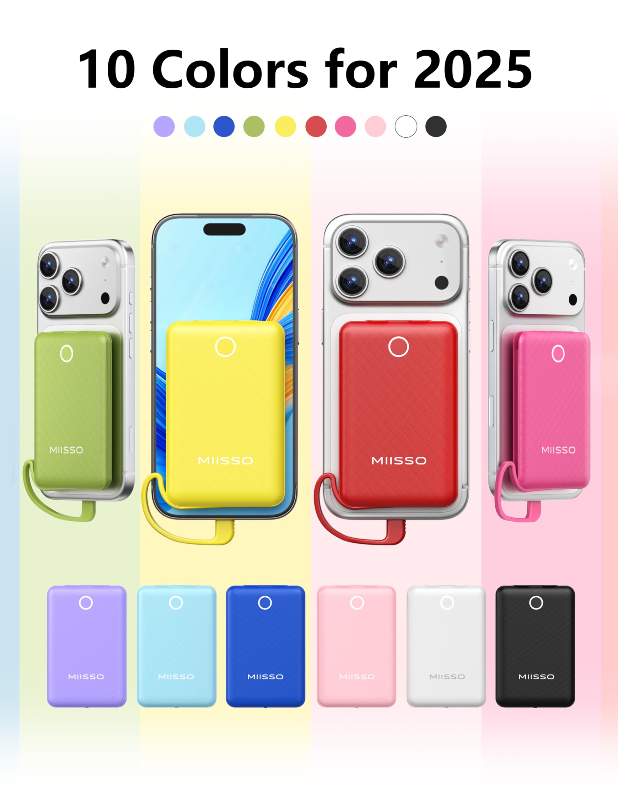 10000mAh Pocket Power Bank with Built-in Cables – Slim Portable Charger for iPhone, Samsung & USB-C Devices