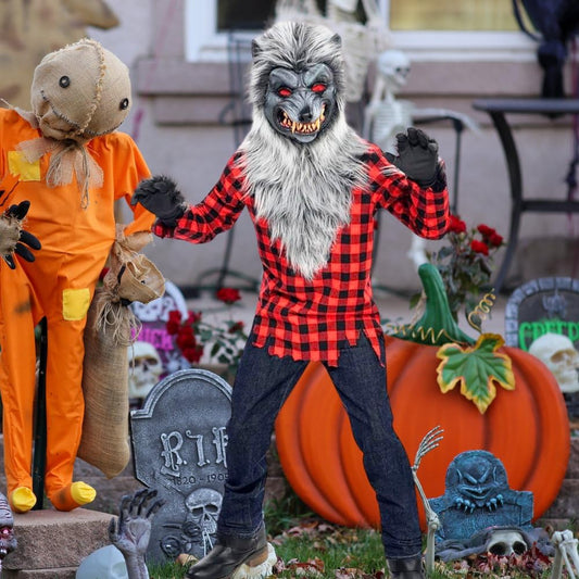 Kids Hungry Howler Werewolf Costume – Red Plaid Shirt, Faux Fur Mask & Gloves Set 🐺🌕🔥