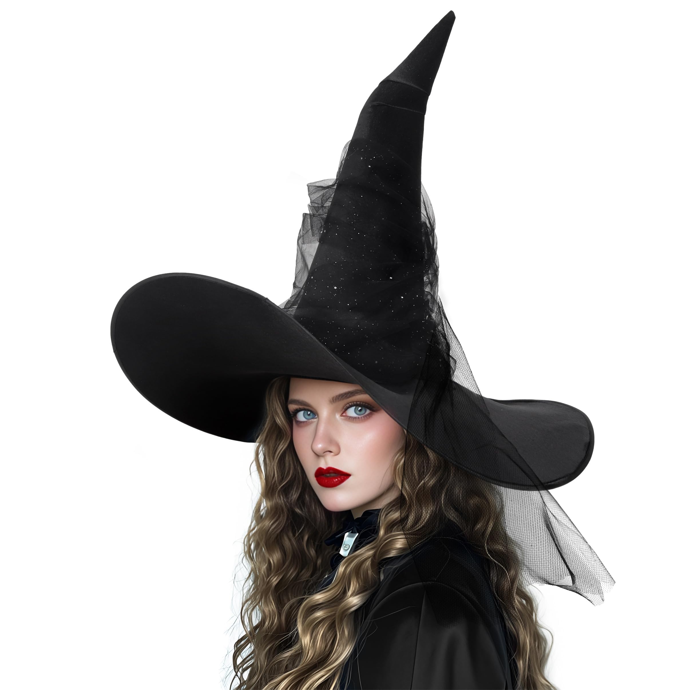Black Witch Hat with Veil – Halloween Costume Accessory & Party Decoration