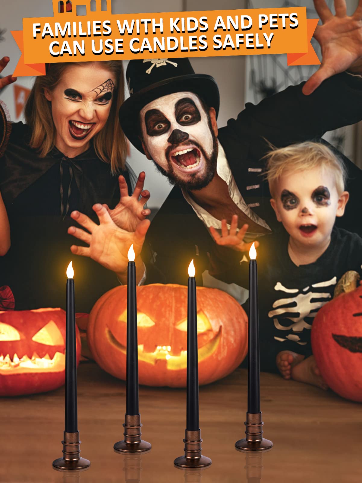 6 Pcs Black LED Halloween Candles with Holders – Flickering Flameless Tapered Candles for Spooky Decor