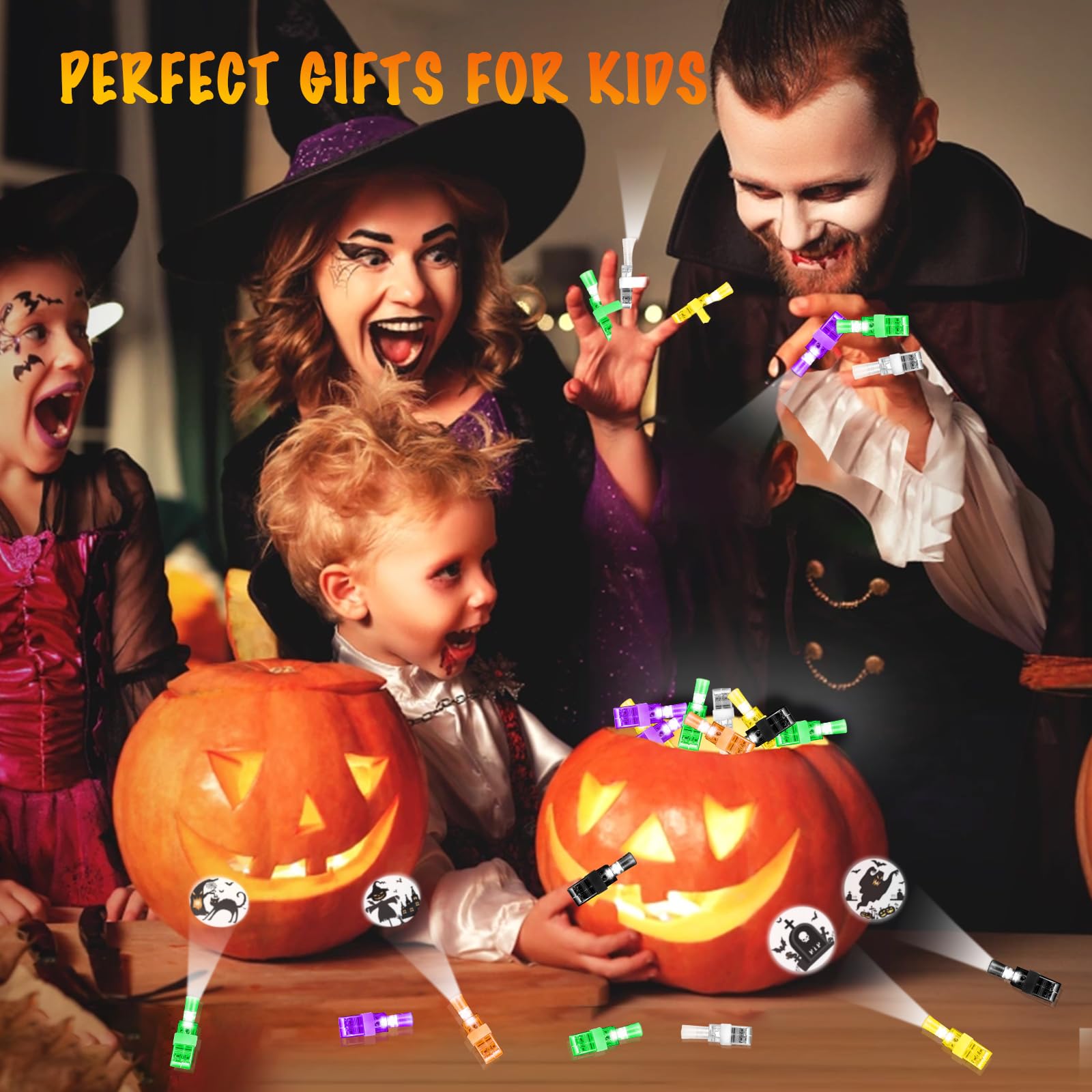 Halloween LED Finger Lights – 36 Pcs Glow-in-the-Dark Finger Projectors for Kids (6 Colors & Designs)