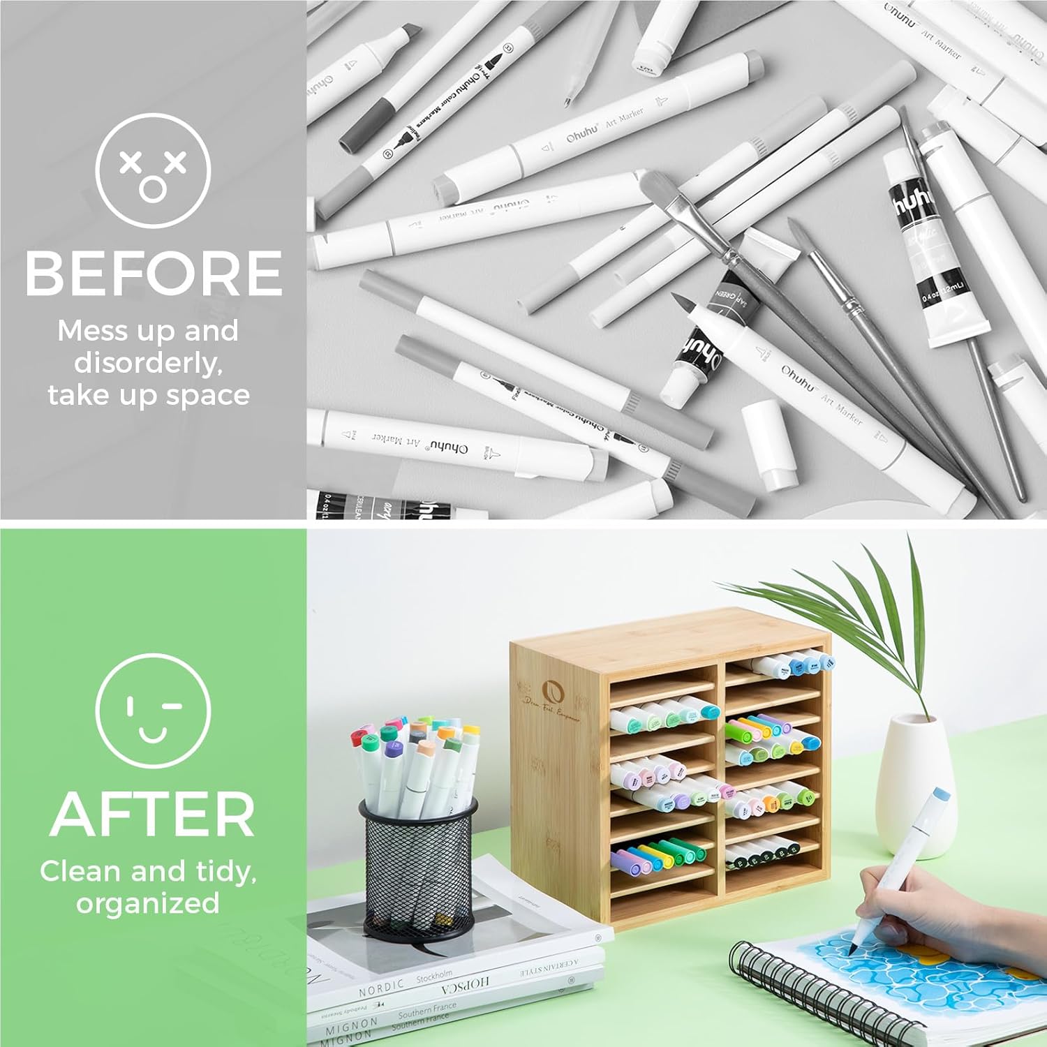 126-Marker Bamboo Desktop Organizer with 18 Compartments