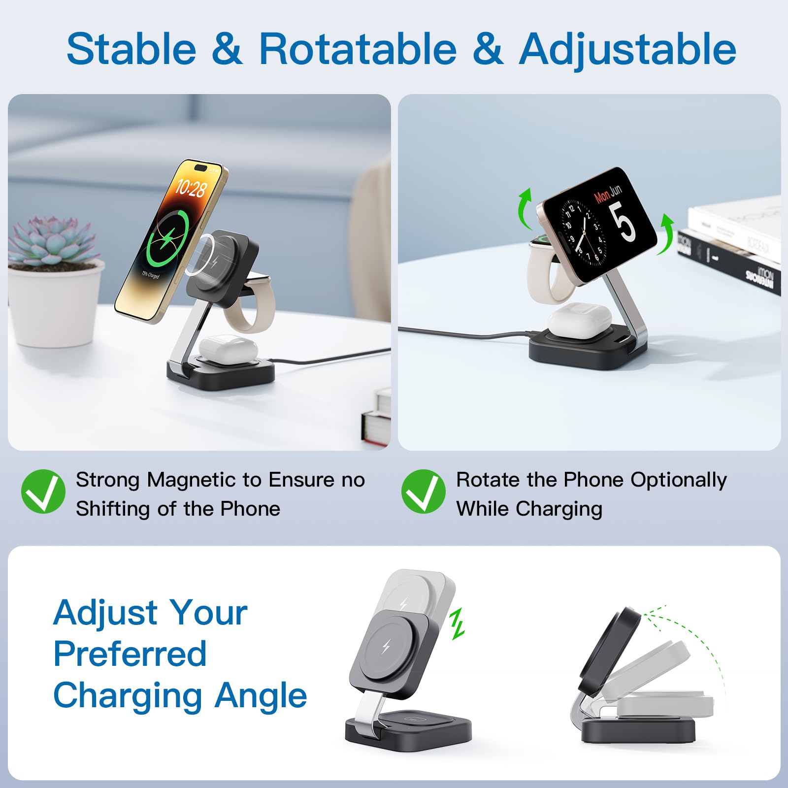 3-in-1 Foldable Magnetic Wireless Charging Station – Fast MagSafe Charger Stand for iPhone, Apple Watch & AirPods Portable Charging Dock