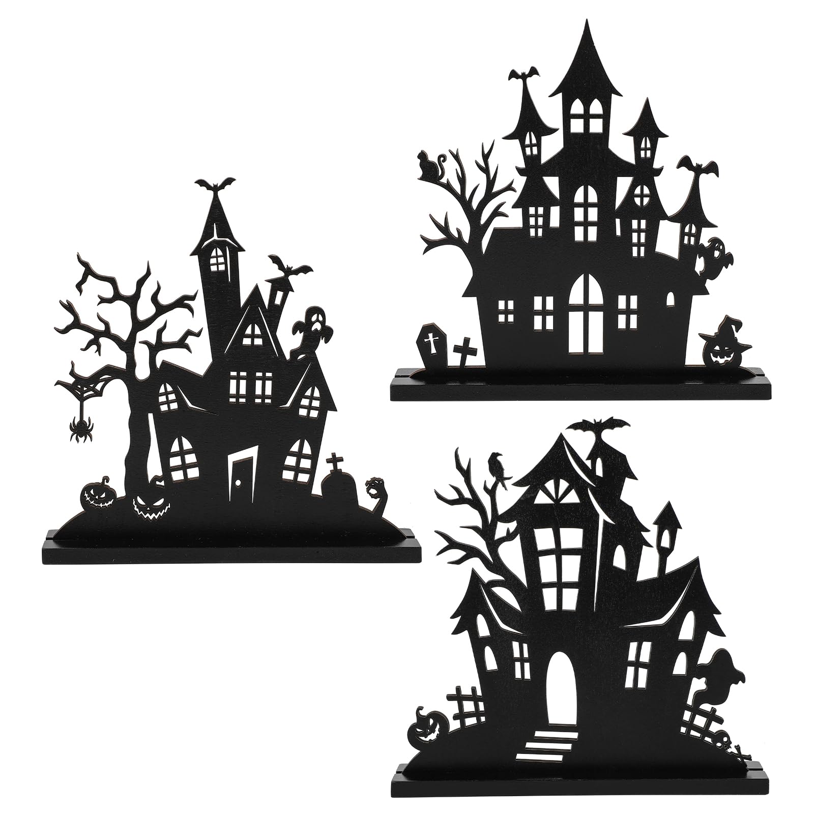 Haunted House Wooden Table Decor – 3Pcs Tiered Tray Halloween Centerpieces with Double-Sided Design (Black, Vintage Style)