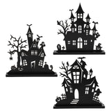 Haunted House Wooden Table Decor – 3Pcs Tiered Tray Halloween Centerpieces with Double-Sided Design (Black, Vintage Style)
