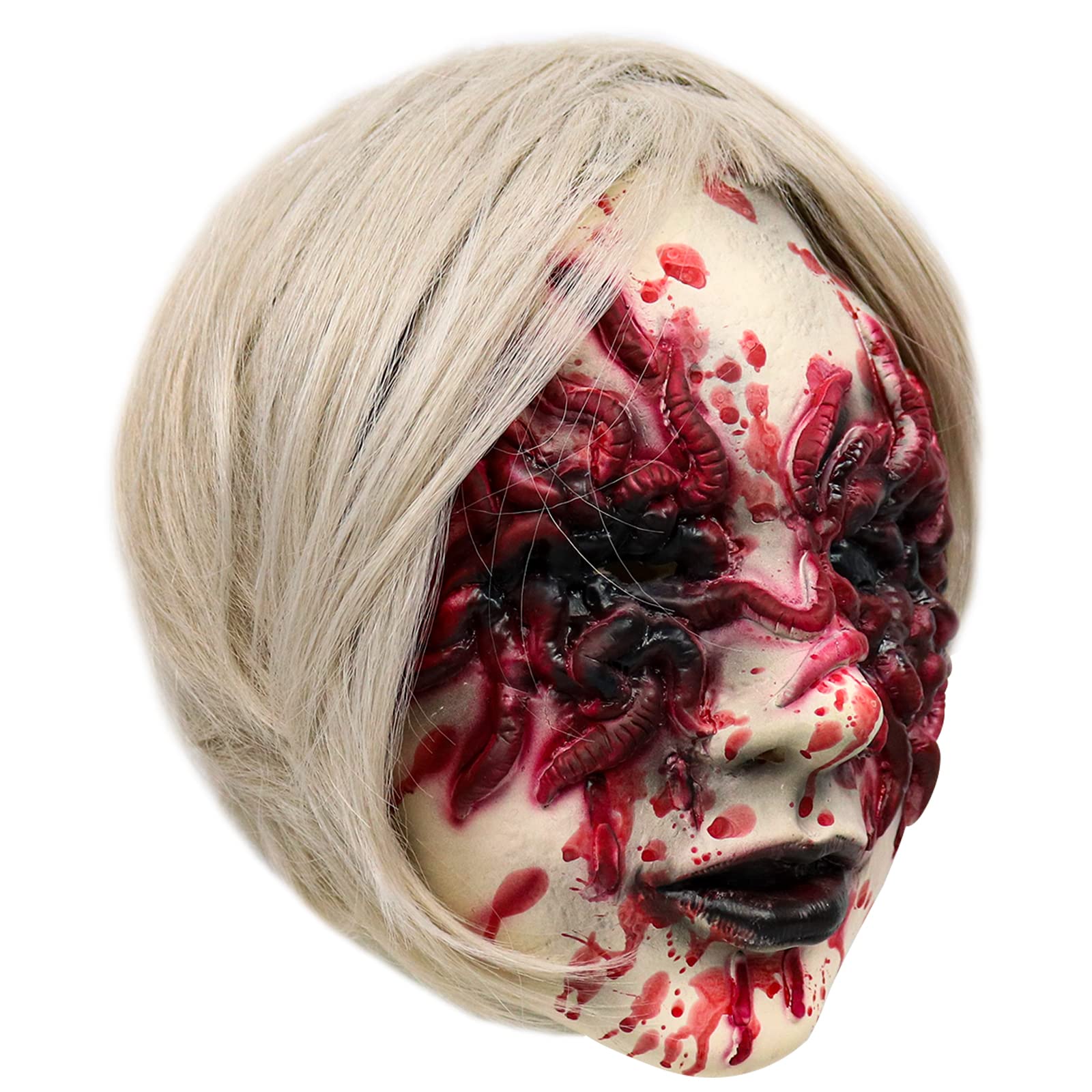 Scary Demon Woman Mask – White Horror Halloween Mask with Silver Hair & Bloody Eye Worm Design (Adult Size)