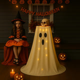 Light-Up Ghost Candy Bowl Decoration with LED String Lights – 63” Halloween Table Cover Set (White & Black)