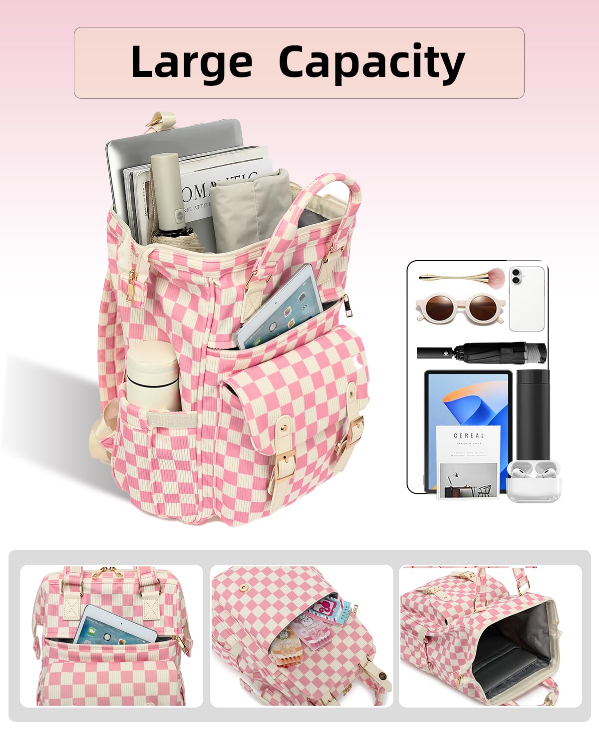 LRENAGAO Corduroy Laptop Backpack for Women & Girls – 15.6” Lightweight School & Travel Daypack – Checkered Pink