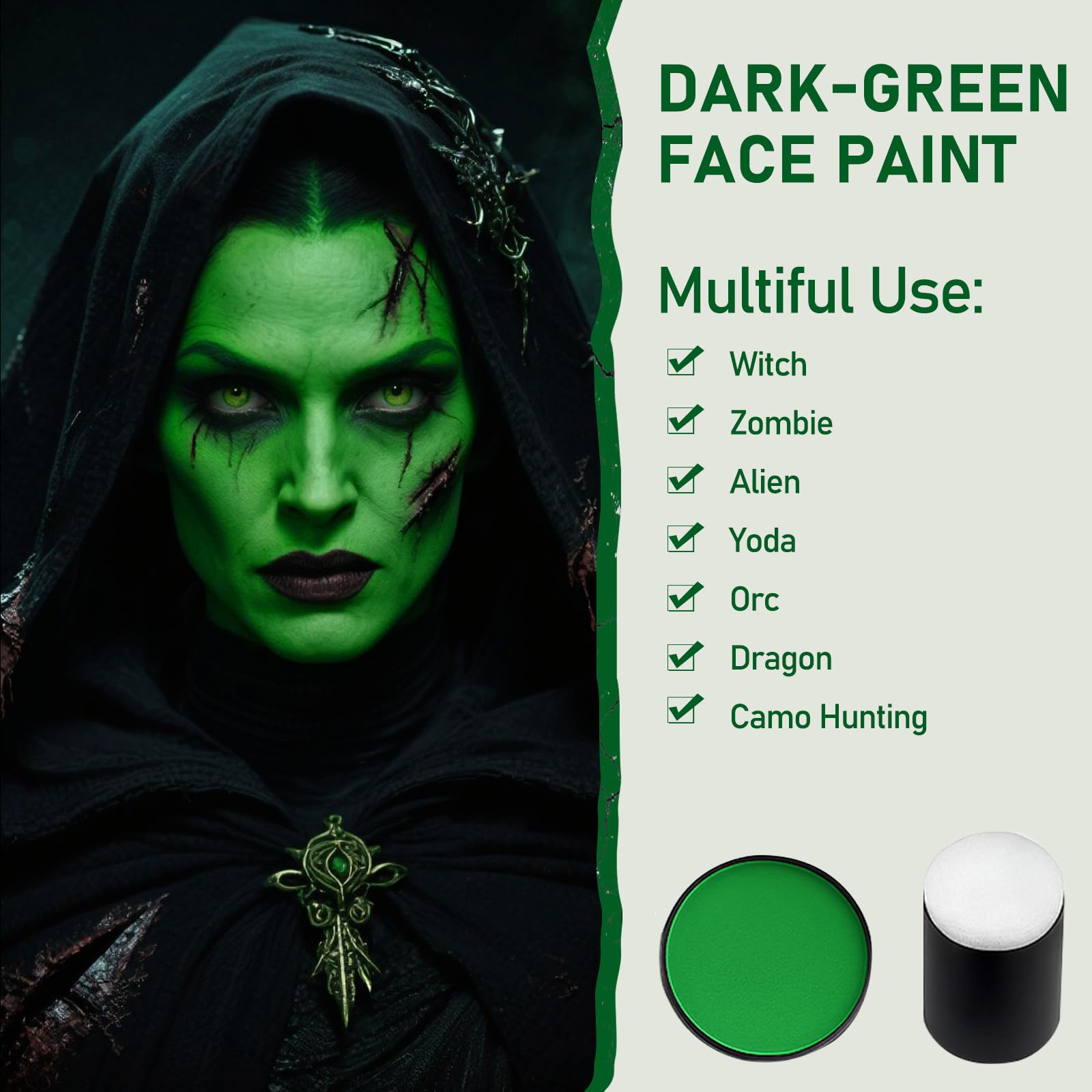 Black & Green Witch Costume Kit (5PCS with Glasses) – Complete Halloween Witch Set with Hat, Gloves, Face Paint & Accessories