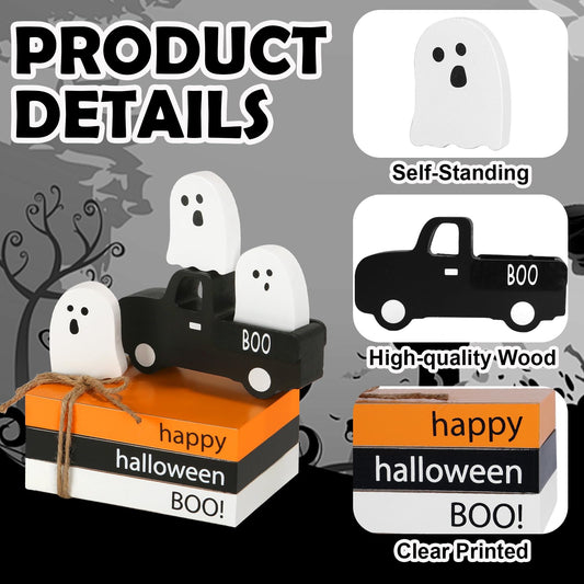 Halloween Wooden Ghost Truck Decor – Stacked Books & Ghost Figures for Table, Shelf & Fireplace
