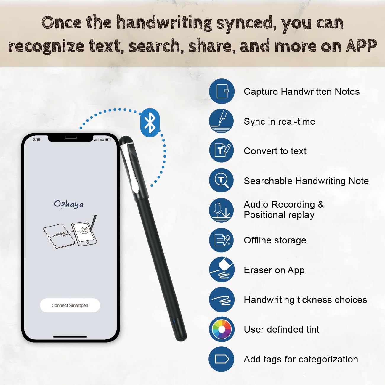 Ophaya Pro+ Smart Digital Pen & Notebook – Real-Time Sync, Searchable OCR & Audio Recording System (Black)