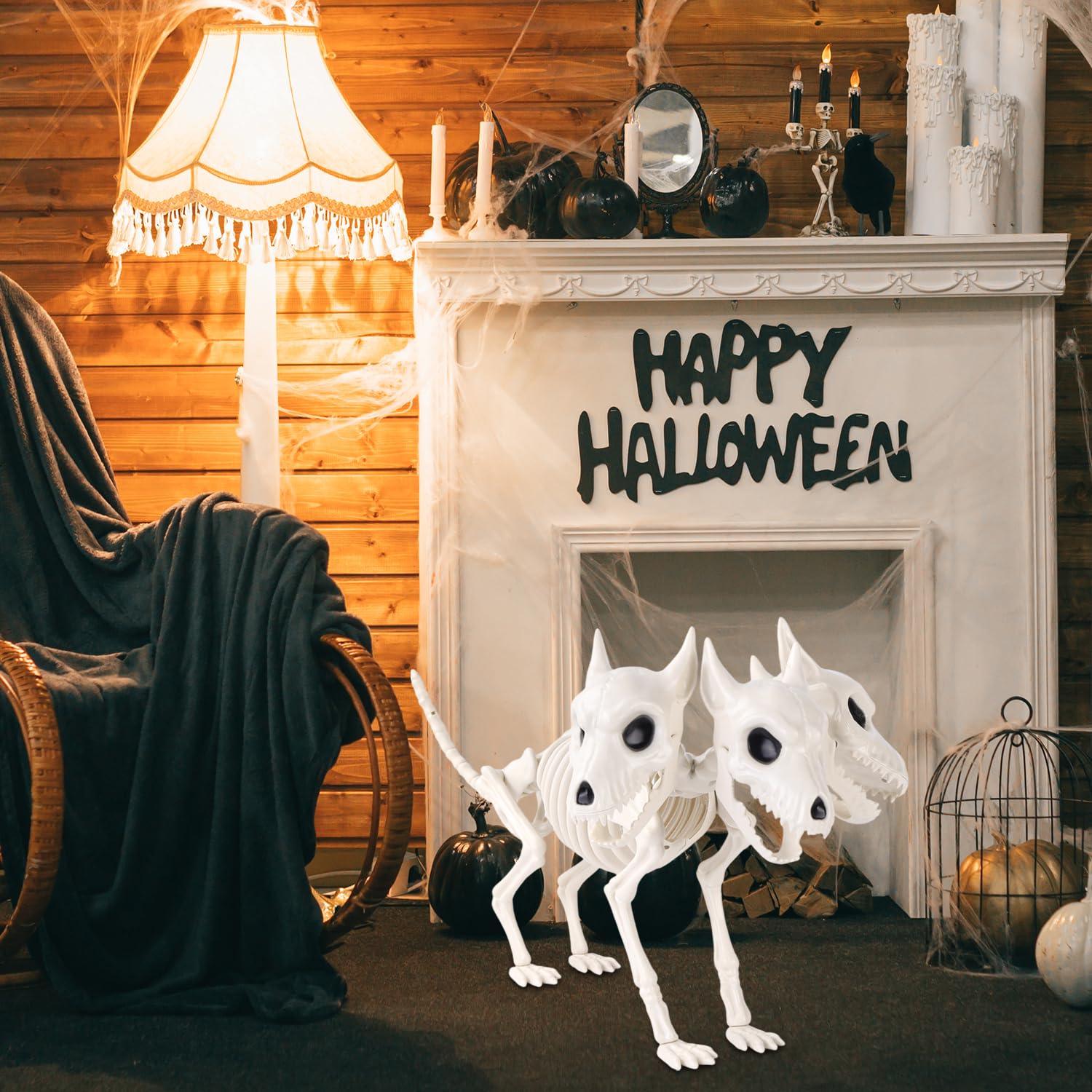 JOICEE 12’’ Halloween Dog Skeleton, Three-Headed Spooky Realistic Halloween Puppy Dog Skeleton Statue Prop for Scary Props Party Decoration