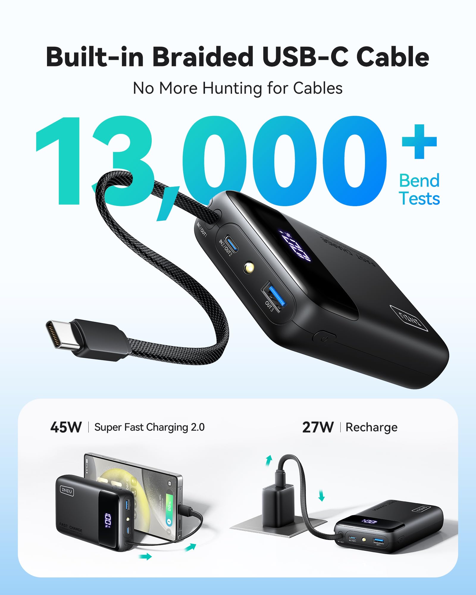 INIU 20000mAh 45W Fast Charging Power Bank – Portable Battery Pack with Built-in USB-C Cable