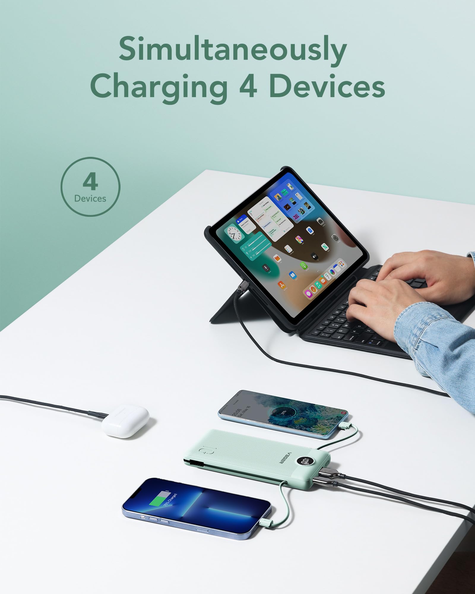 Slim 10000mAh Portable Charger with Built-In Cables & Wall Plug – Fast Multi-Device Power Bank