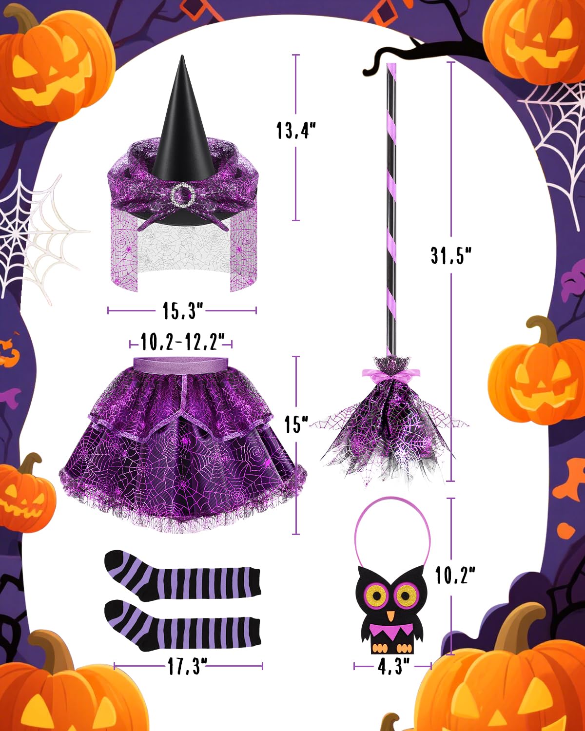 Purple Light-Up Witch Costume Set for Girls – 6-Piece Halloween Dress-Up Kit with LED Skirt, Hat, Broom & Jewelry