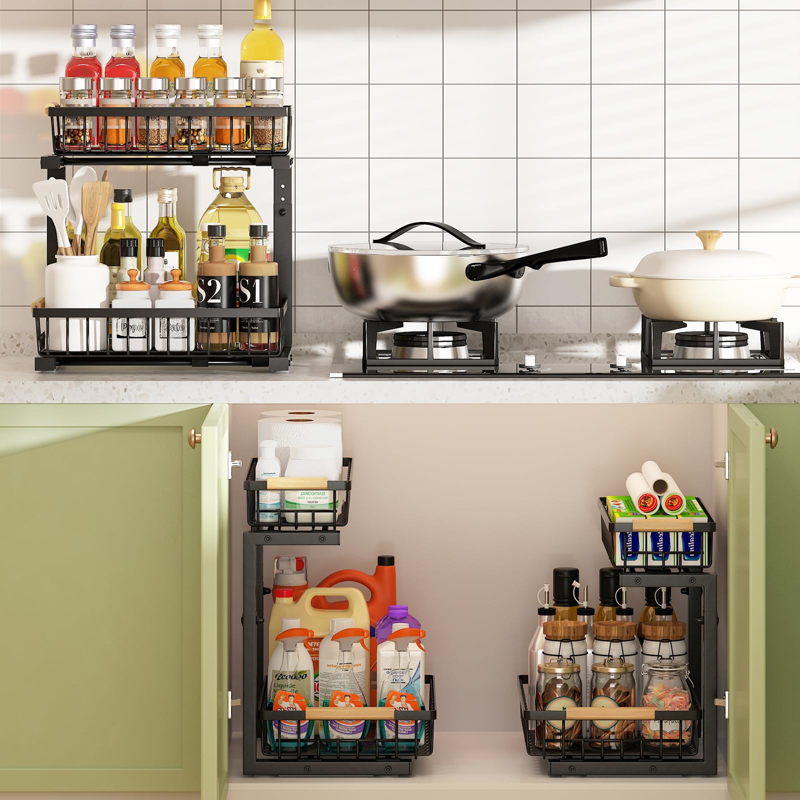 Adjustable L-Shaped Under Sink Organizer – 2-Tier Smooth Sliding Storage System