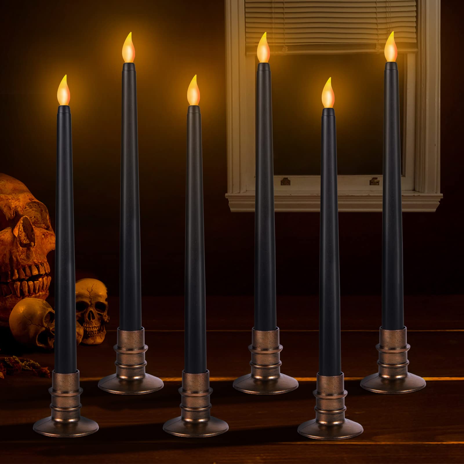 6 Pcs Black LED Halloween Candles with Holders – Flickering Flameless Tapered Candles for Spooky Decor