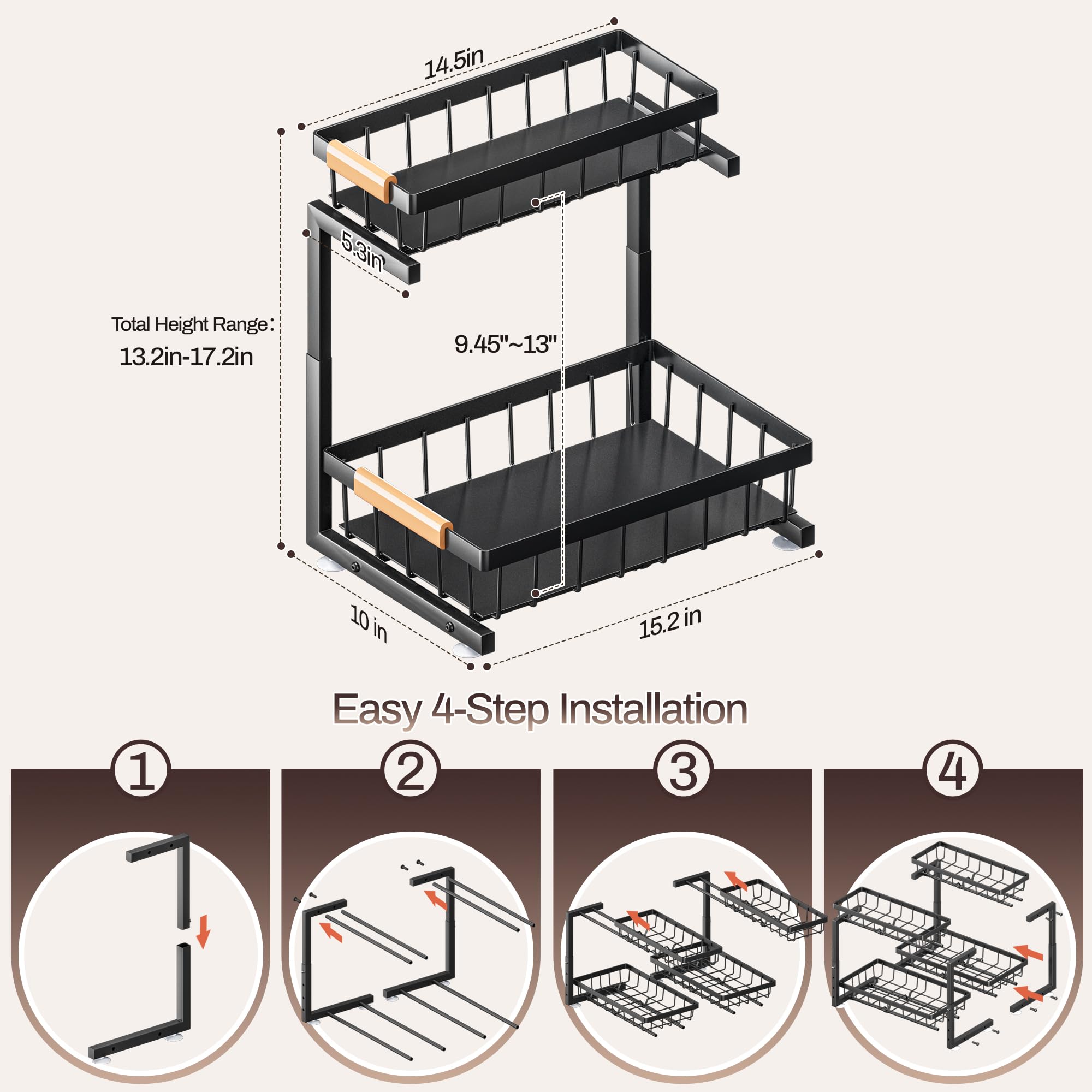 ADBIU Black Adjustable Under Sink Organizer – 2-Tier Pull-Out Cabinet Storage with Expandable Height (2 Pack)
