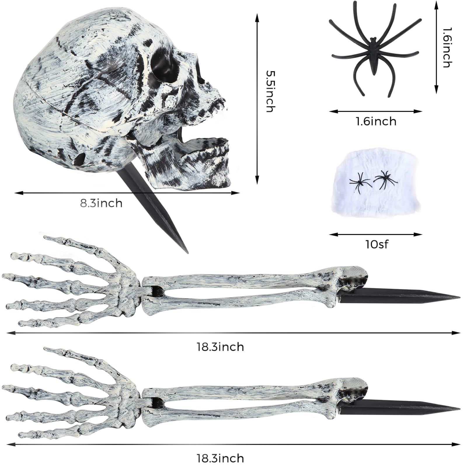 Realistic Skeleton Graveyard Set – Skull, Arms, Spider Web & Stakes for Outdoor Halloween Yard Decor
