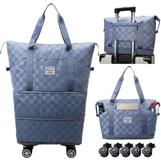 Expandable Foldable Rolling Duffel Bag with Detachable 360° Wheels, 25L–55L Lightweight Carry-On Travel Luggage (Blue)