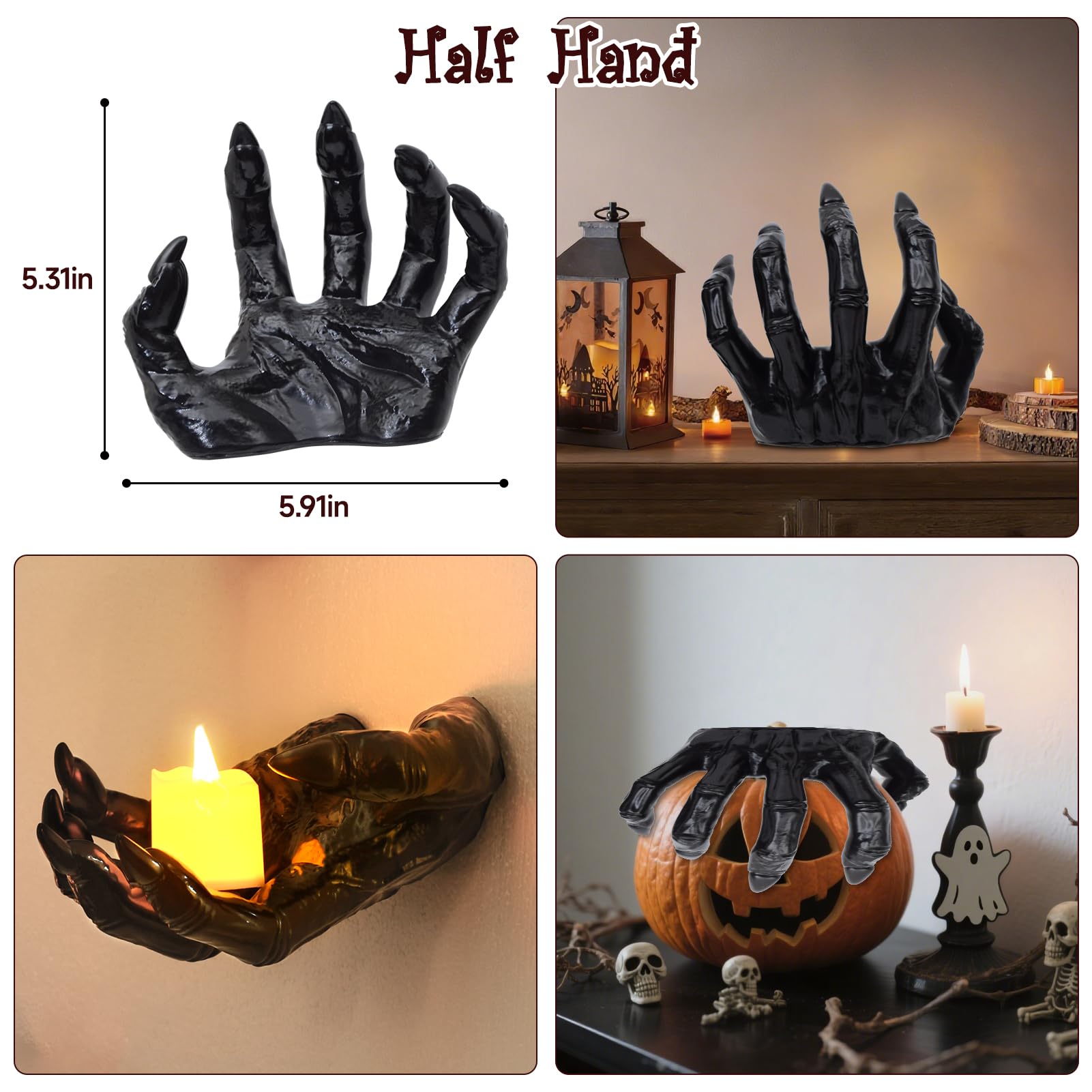 3D Creepy Wall Hands Halloween Decoration Set – Black Resin Spooky Hands with Candles & Mounting Kit, Gothic Wall Decor for Haunted Homes