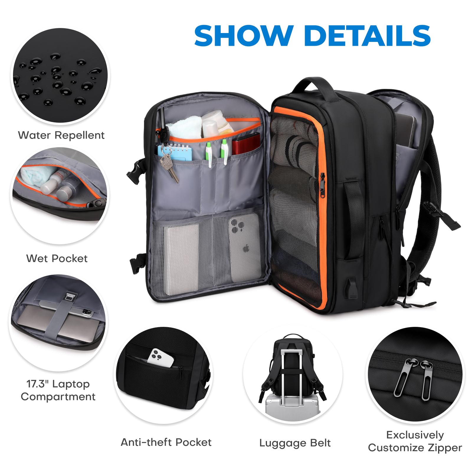 RCRIRTH 35L Expandable Carry-On Travel Backpack with 17.3” Laptop Compartment – TSA Approved – Black