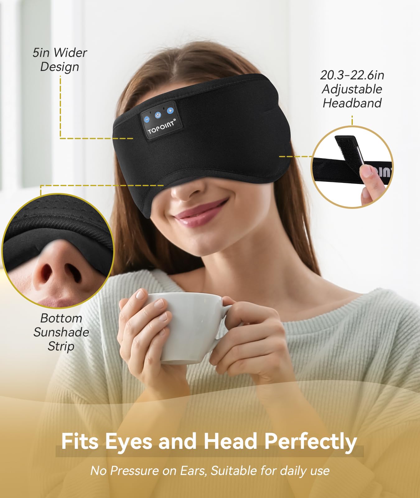 Bluetooth Sleep Mask Headphones with Light Blocking Design & 15H Battery – Soft Cotton Night Eye Mask Black