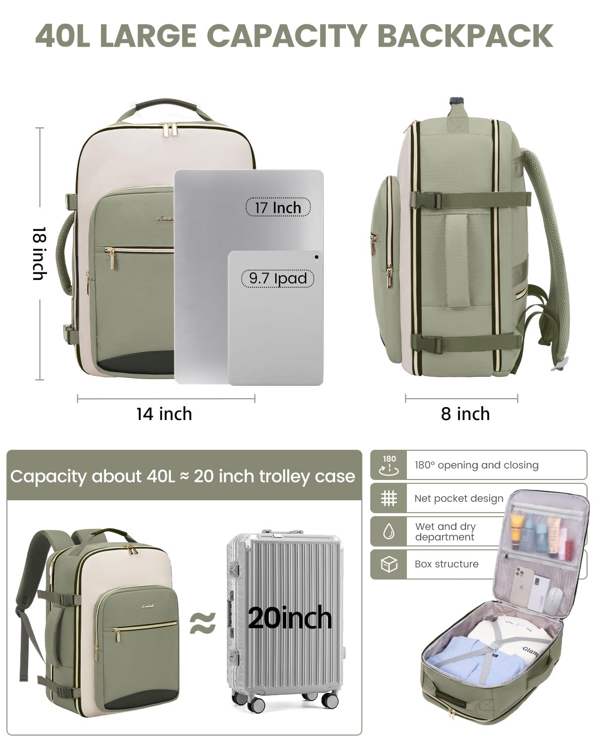 LOVEVOOK 40L Airline-Approved Carry-On Travel Backpack with 3 Packing Cubes & Wet Pocket – Unisex