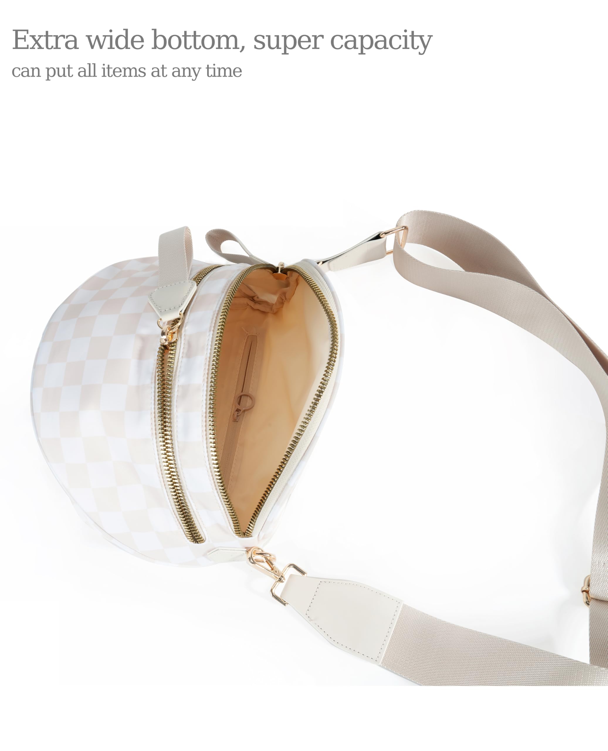 Spacious Checkered Nylon Crossbody Bag – Adjustable Strap Bum Bag for Women (Beige Checkered)
