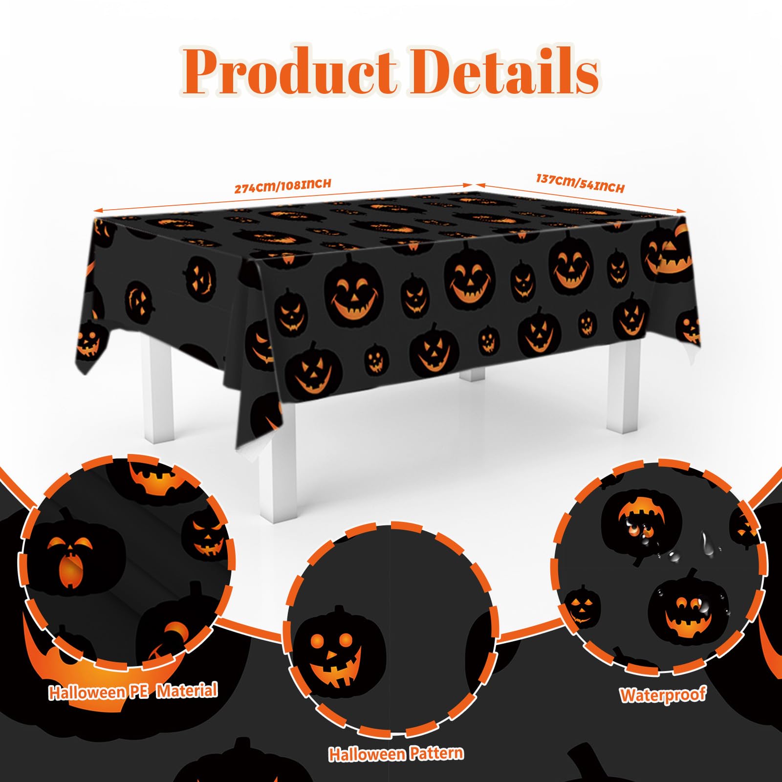 Halloween Tablecloths – 3 Pack Black Evil Pumpkin Plastic Table Covers (54 x 108 Inches)