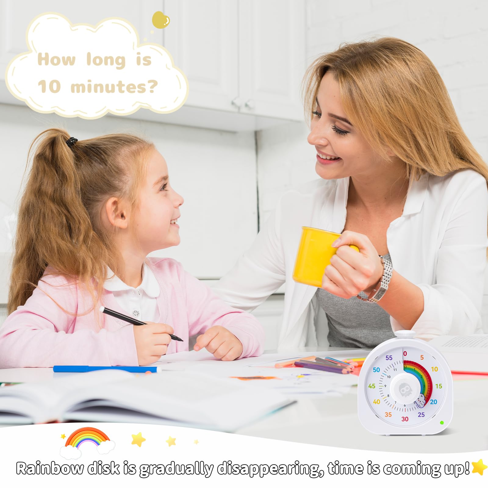 Rainbow Visual Timer with Magnetic Stand, Silent Rechargeable Countdown & Pomodoro Mode (60 Min / 12H) for Kids, Classroom & Focus Training – White