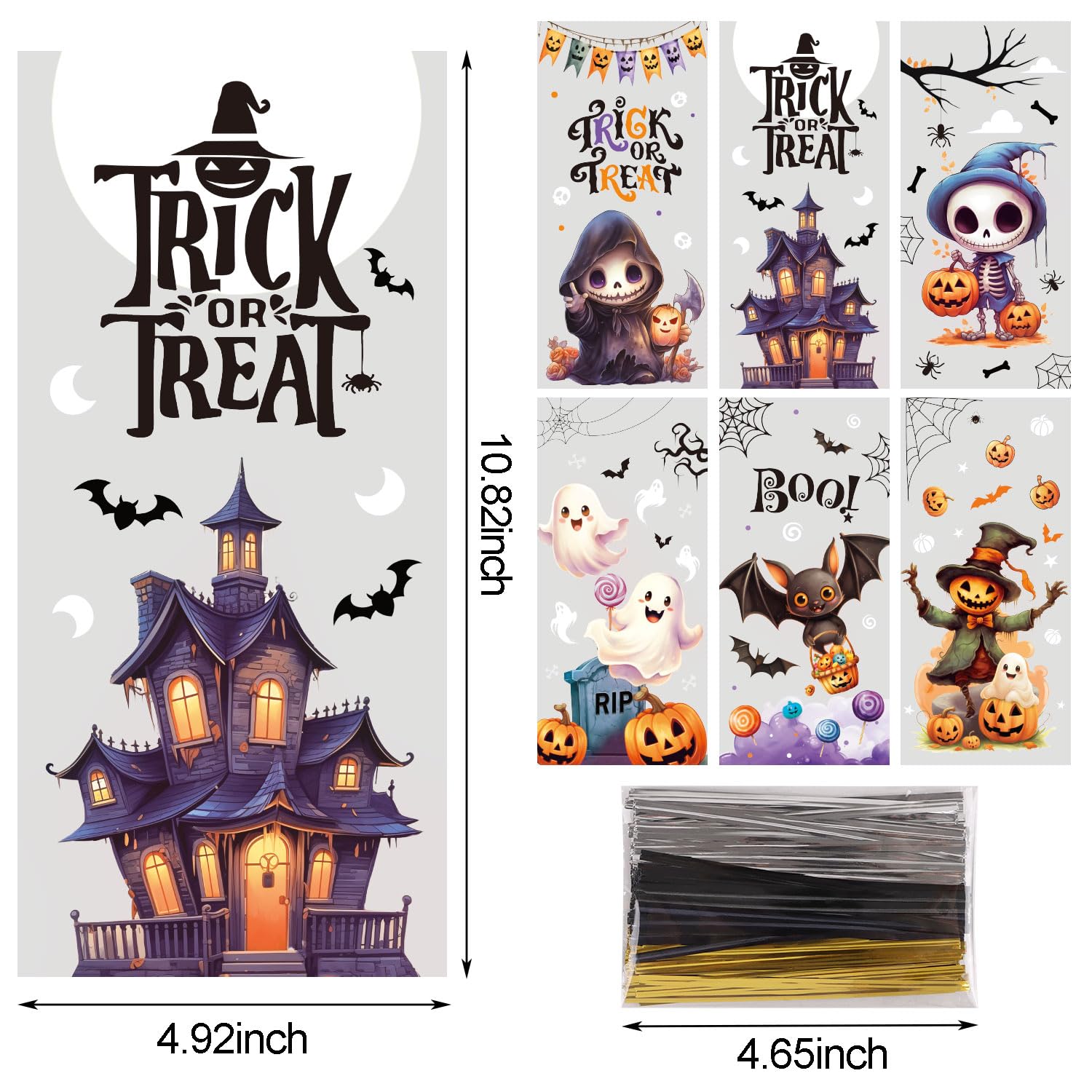 CCINEE 180pcs Halloween Cellophane Treat Bags, Plastic Clear Cookie Candy Bags Bulk with 210pcs Twist Ties Pumpkin Ghost Snack Bag for Halloween Trick Or Treat Party Favors