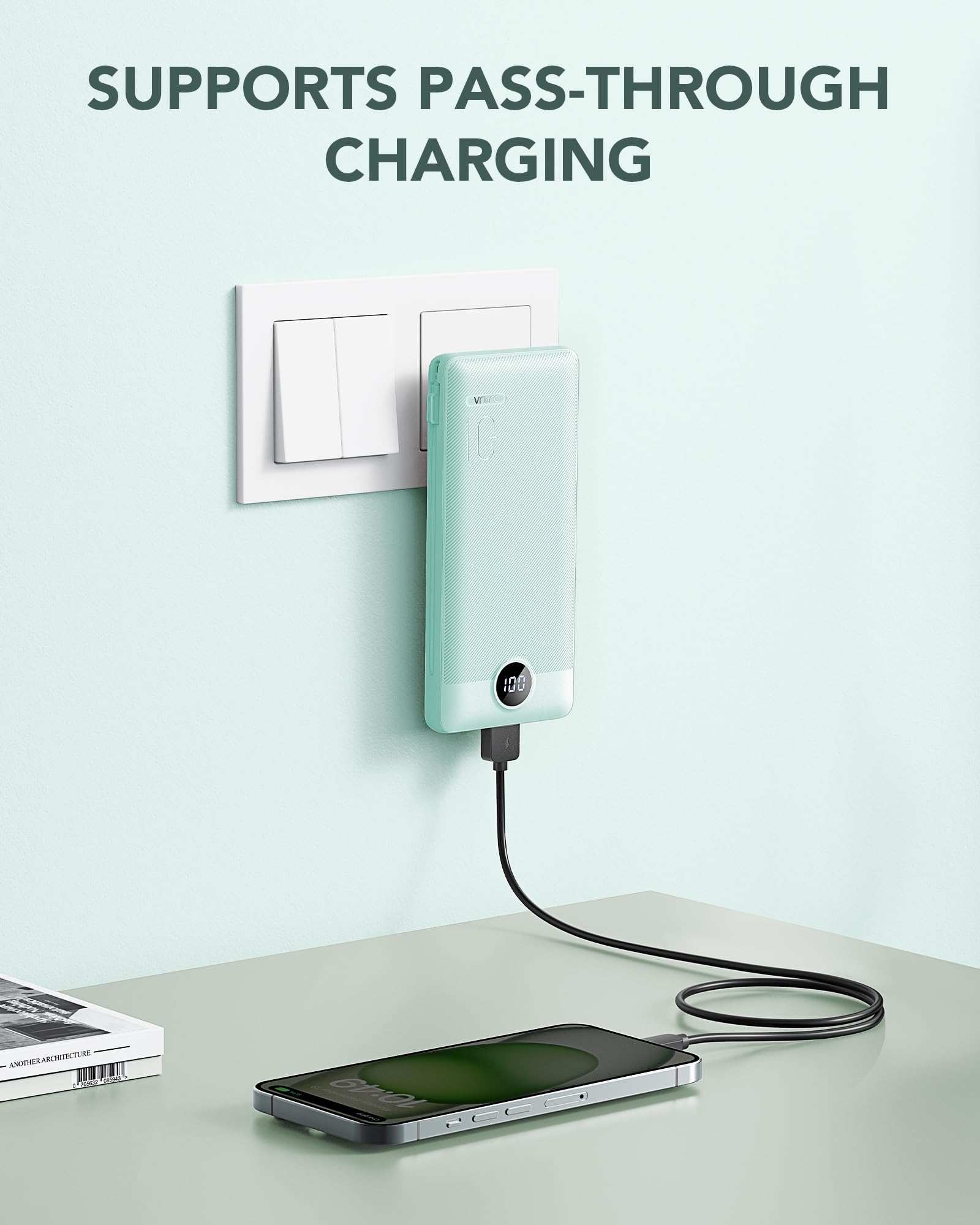 10000mAh Portable Power Bank with Built-in AC Wall Plug & Multi Cables – Ultra Lightweight Fast Charging Travel Battery Green