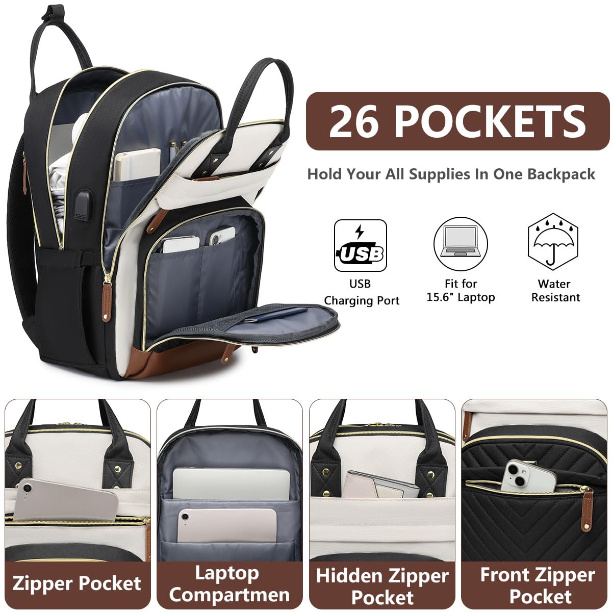 Women’s 15.6” Laptop Backpack with USB Charging Port – Large Waterproof Work & Travel Backpack with Anti-Theft Design (Beige/Black/Brown)