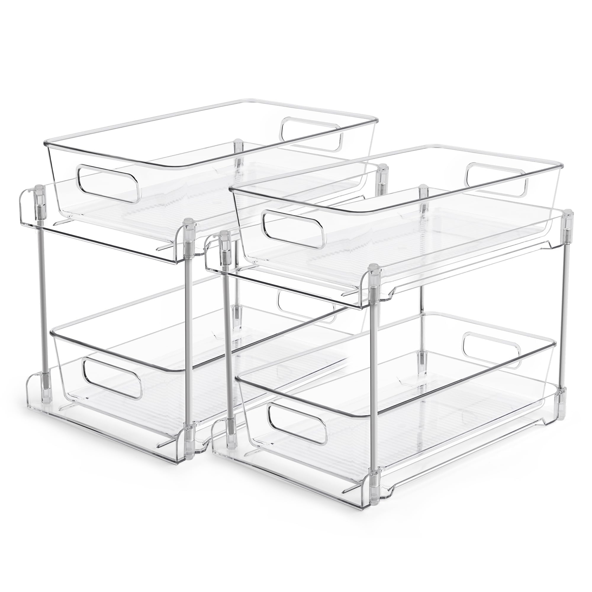 Clear 2-Tier Bathroom Storage Organizers (2-Pack) – Slide-Out Under Sink Drawers for Vanity, Pantry & Kitchen