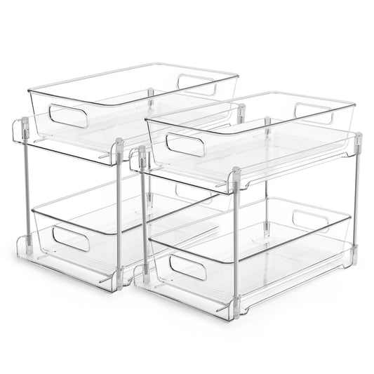 Clear 2-Tier Bathroom Storage Organizers (2-Pack) – Slide-Out Under Sink Drawers for Vanity, Pantry & Kitchen