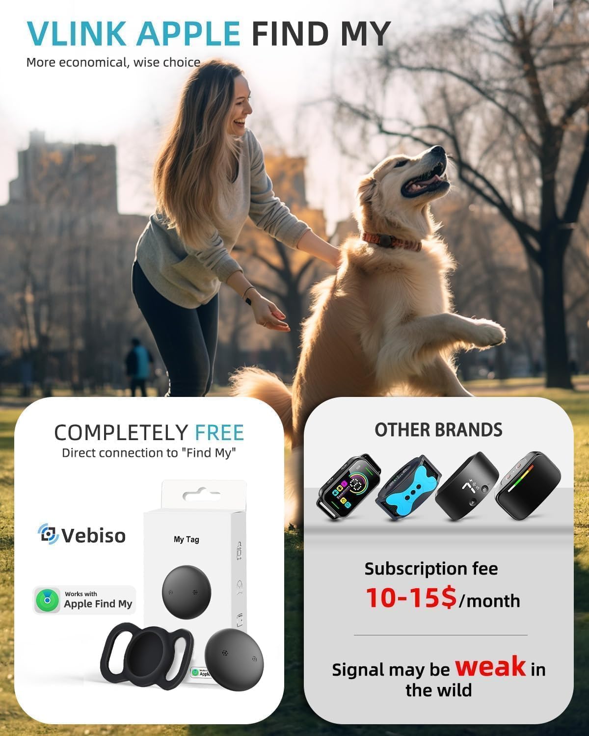 Mini Pet Tracker for Apple Find My Network with Silicone Case – No Monthly Fee Bluetooth Tracking Device for Cats & Dogs (White)