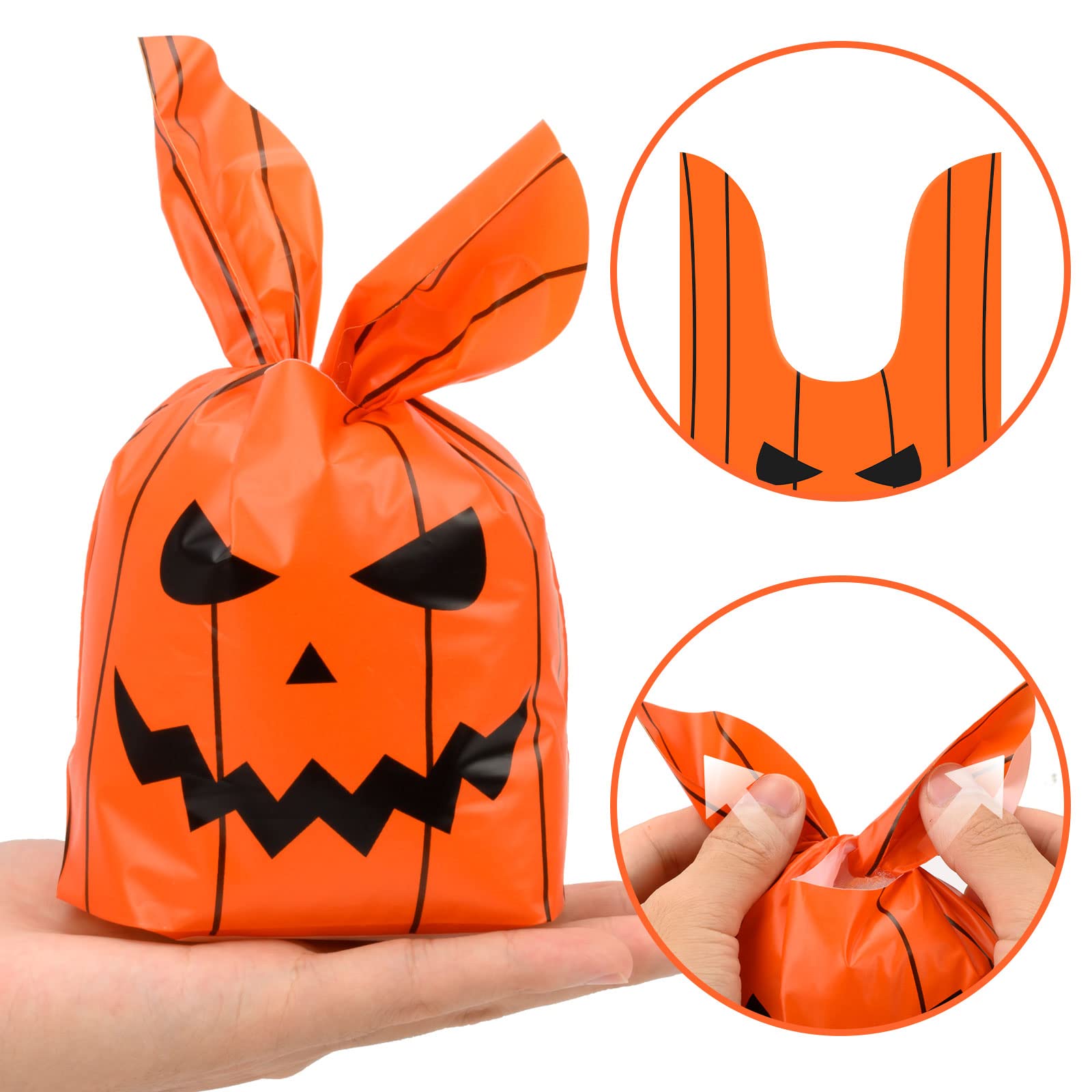100 PCS Halloween Treat Bags Candy Bags, Kids Trick or Treat Bags Goodie Bags, Cute Rabbit Ear Small Halloween Cookies Plastic Gift Bags for Halloween Party Decoration Supplies