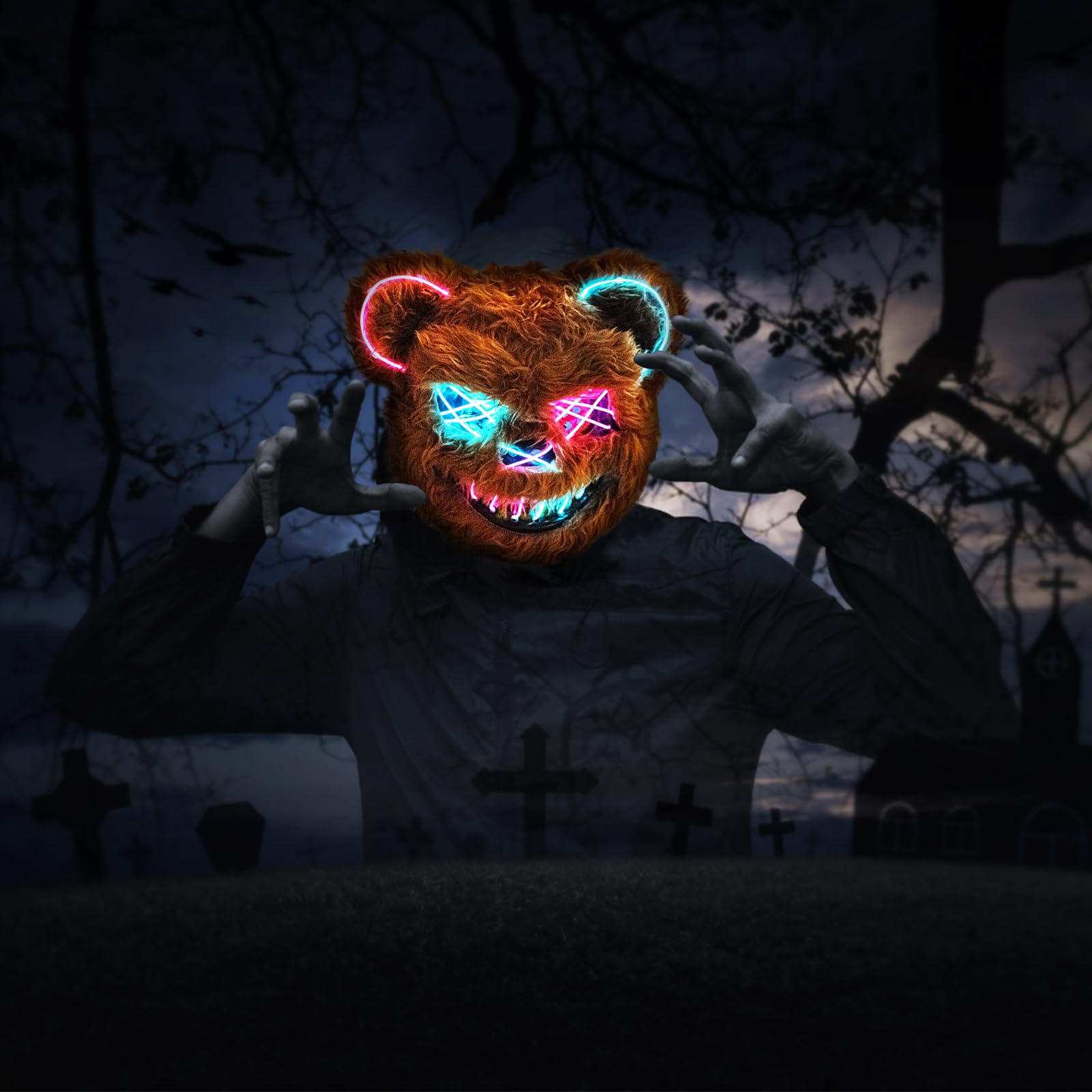 LED Light-Up Bloody Bear Mask – Scary Halloween Horror Mask with Flashing Modes, Adjustable Fit for Adults & Kids