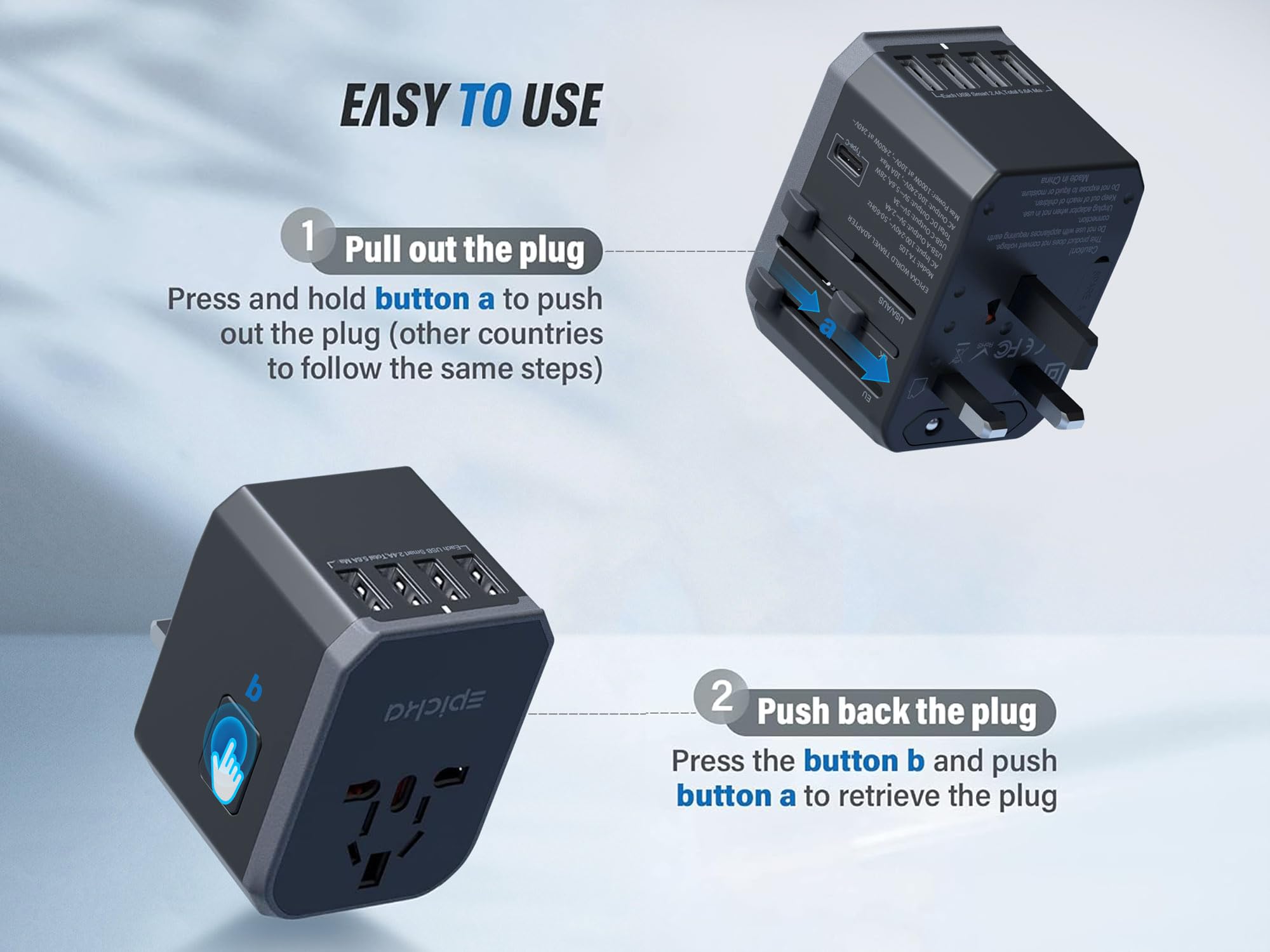 EPICKA Universal Travel Adapter – 6-in-1 Worldwide Plug with USB-C & 4 USB-A Ports (Grey)
