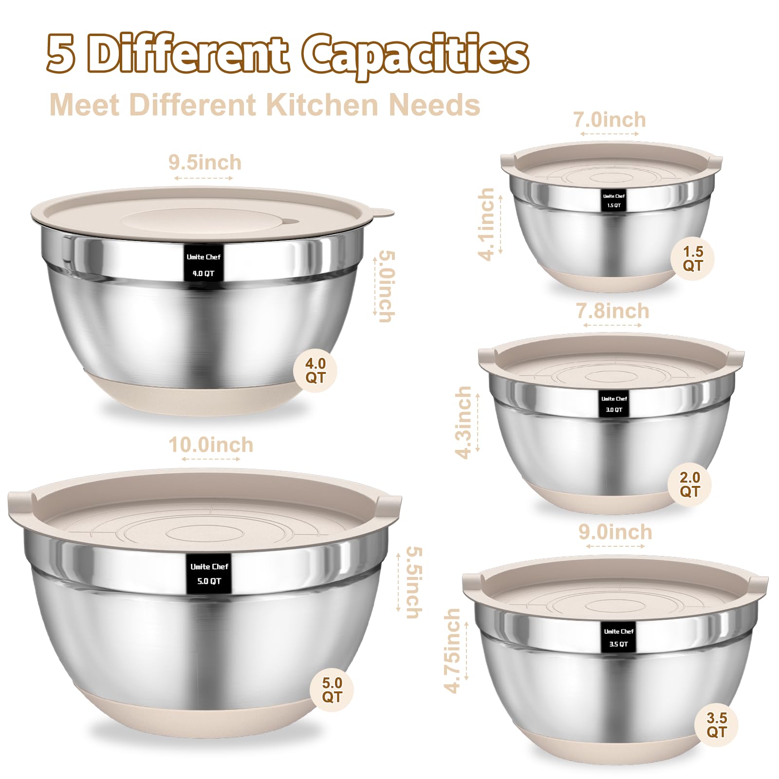 5-Piece Stainless Steel Mixing Bowl Set with Graters & Airtight Lids – Non-Slip Silicone Base
