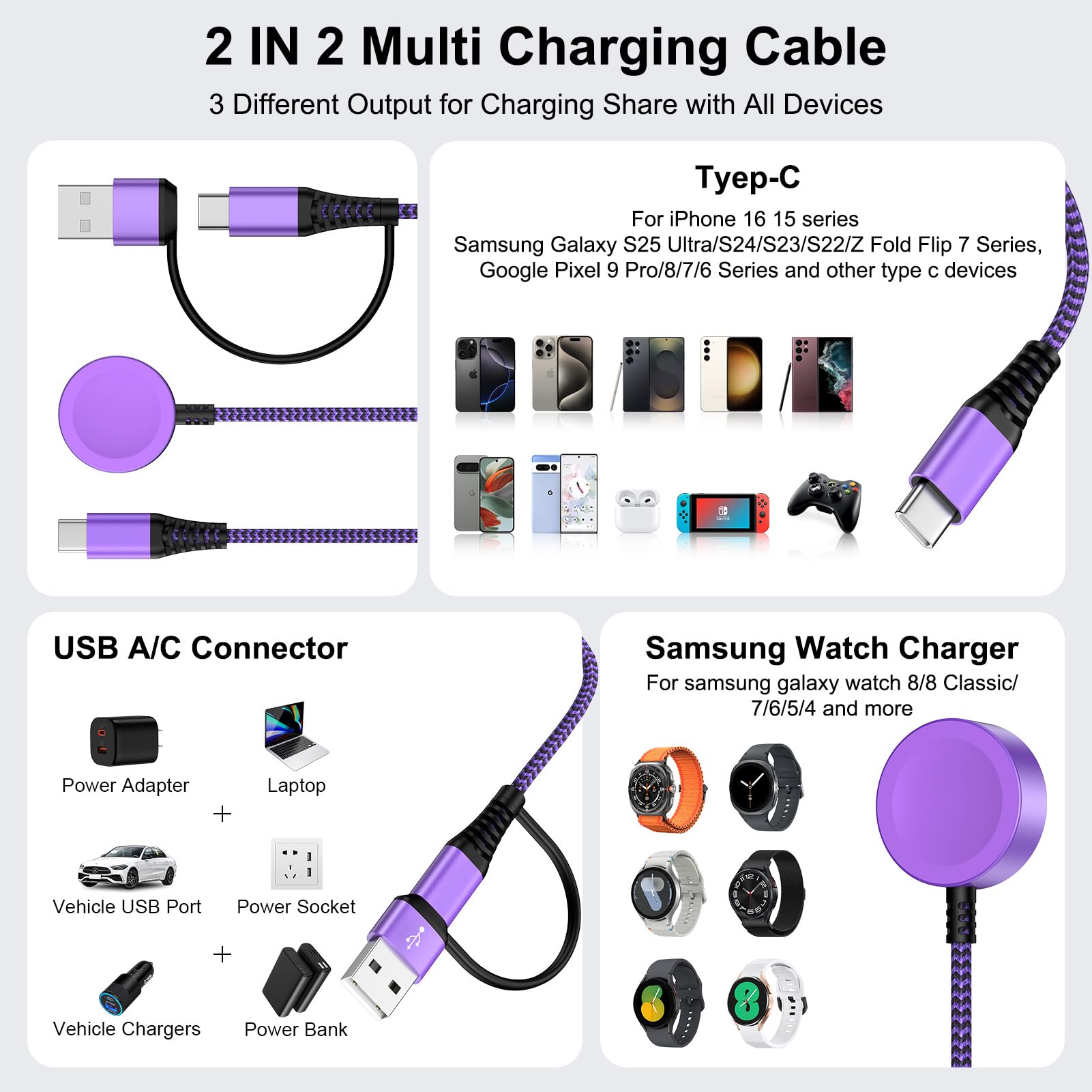 2-in-2 Multi Charging Cable for Samsung Galaxy Watch & Phones – USB-A/USB-C to Watch Magnetic + USB-C Phone Charger (6ft, Purple)