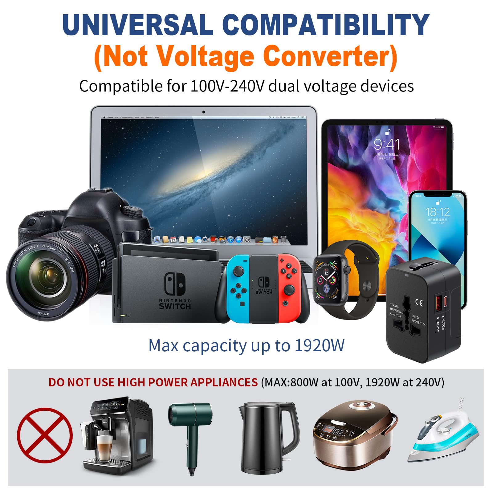 Universal Travel Adapter with USB-C PD 3.0 – GaN Fast Charger, Worldwide All-in-One Plug (US/EU/UK/AU, Black)