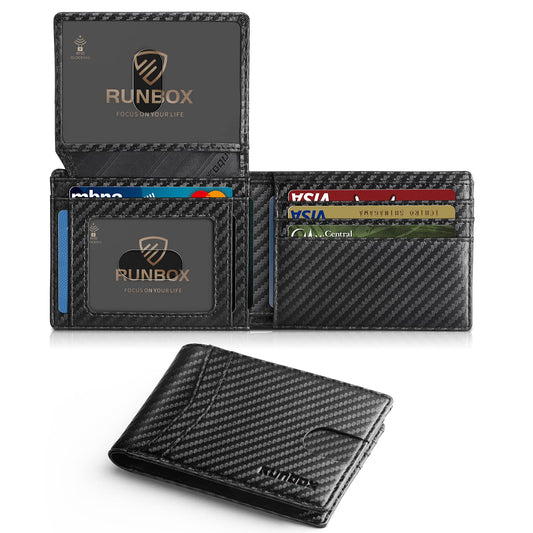 Slim RFID Blocking Leather Wallet for Men with 15 Card Slots & Dual ID Window – Minimalist Bifold Pocket Wallet Carbon Black