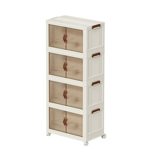 Spylandy Stackable Collapsible Storage Bins with Lids – Space-Saving Closet & Home Organizers (White, 4-Tier, 9-Gallon)