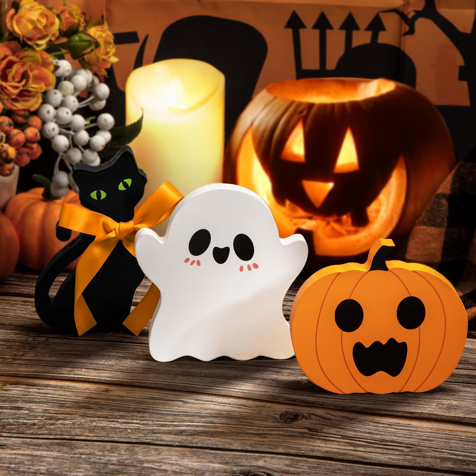 Wooden Halloween Tiered Tray Decor Set – Pumpkin, Ghost & Black Cat Signs (3 Pieces)