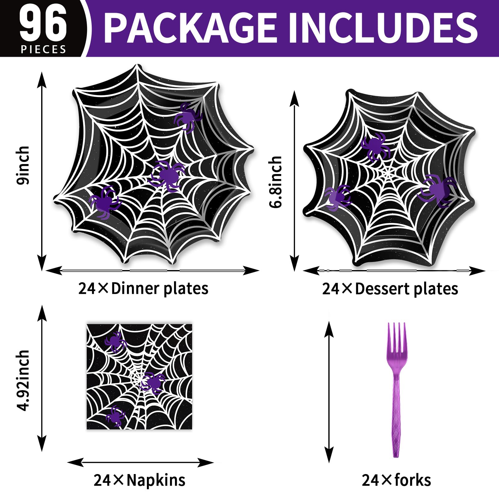 Halloween Spider Web Party Tableware Set – 96 Pcs Disposable Plates, Napkins & Forks for 24 Guests