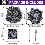 Halloween Spider Web Party Tableware Set – 96 Pcs Disposable Plates, Napkins & Forks for 24 Guests